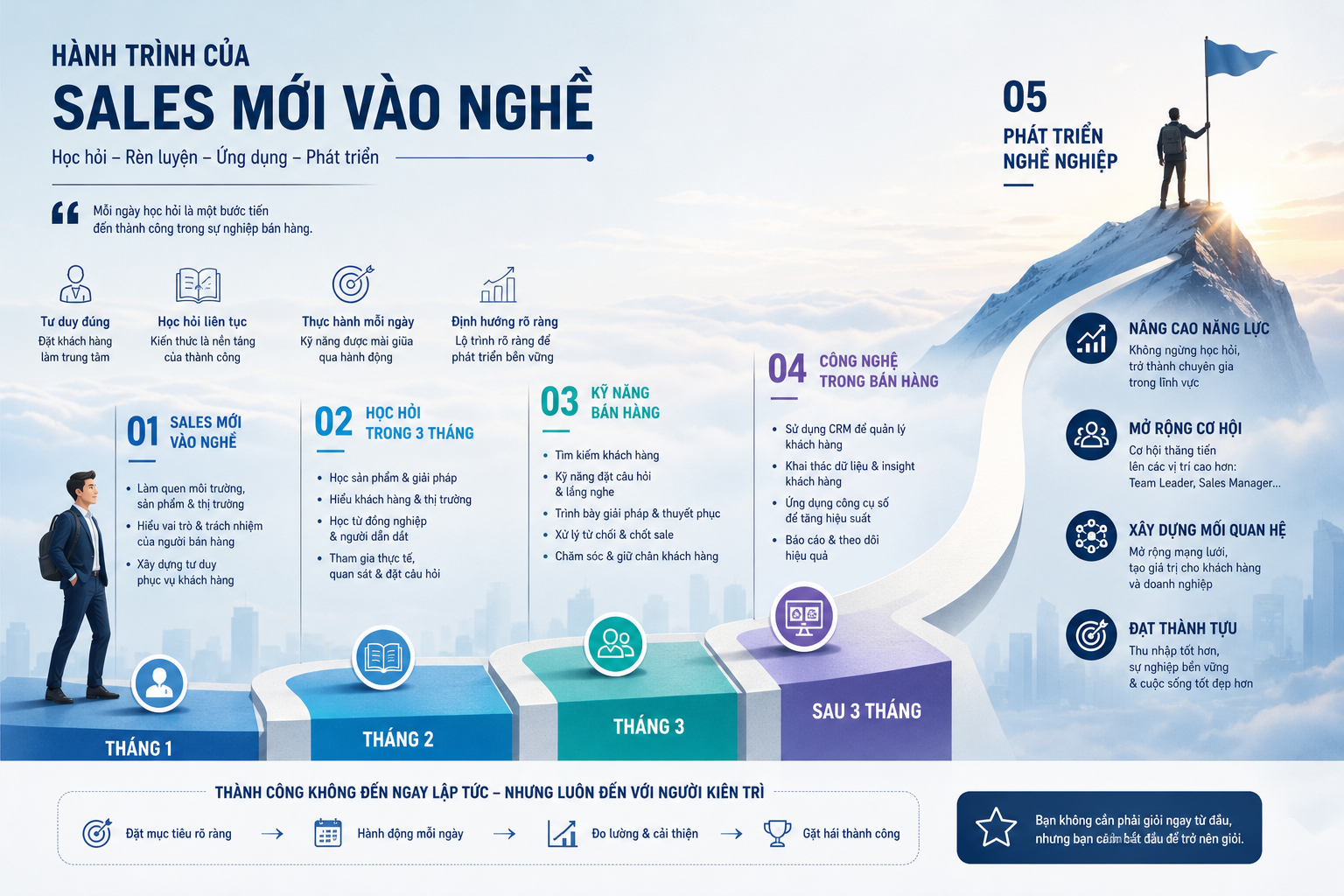 Sales mới vào nghề, học hỏi trong 3 tháng, kỹ năng bán hàng, công nghệ trong bán hàng, phát triển nghề nghiệp.
