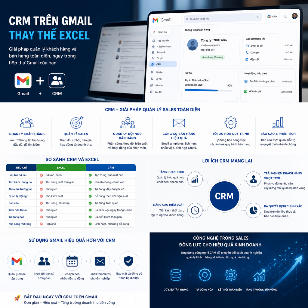 CRM trên Gmail, thay thế Excel, quản lý sales, phần mềm CRM, lợi ích CRM, quản lý khách hàng, công cụ bán hàng, tối ưu hóa quy trình, hiệu quả kinh doanh, so sánh CRM và Excel, tính năng CRM, sử dụng Gmail hiệu quả, quản lý đội ngũ bán hàng, tăng doanh thu, công nghệ trong sales.