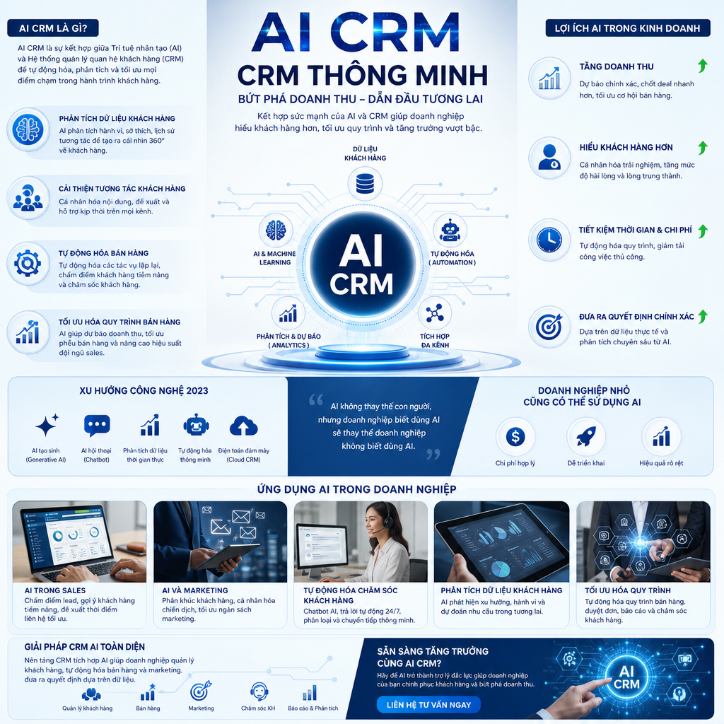 AI CRM, CRM thông minh, lợi ích AI trong kinh doanh, AI trong sales, công nghệ CRM, tự động hóa bán hàng, cải thiện tương tác khách hàng, AI và marketing, xu hướng công nghệ 2023, doanh nghiệp nhỏ sử dụng AI, ứng dụng AI trong doanh nghiệp, giải pháp CRM AI, tăng doanh thu bằng AI, phân tích dữ liệu khách hàng, tối ưu hóa quy trình bán hàng.