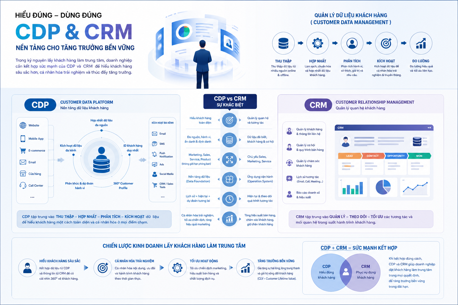 Customer Data Platform, CRM, sự khác biệt giữa CDP và CRM, quản lý dữ liệu khách hàng, chiến lược kinh doanh.