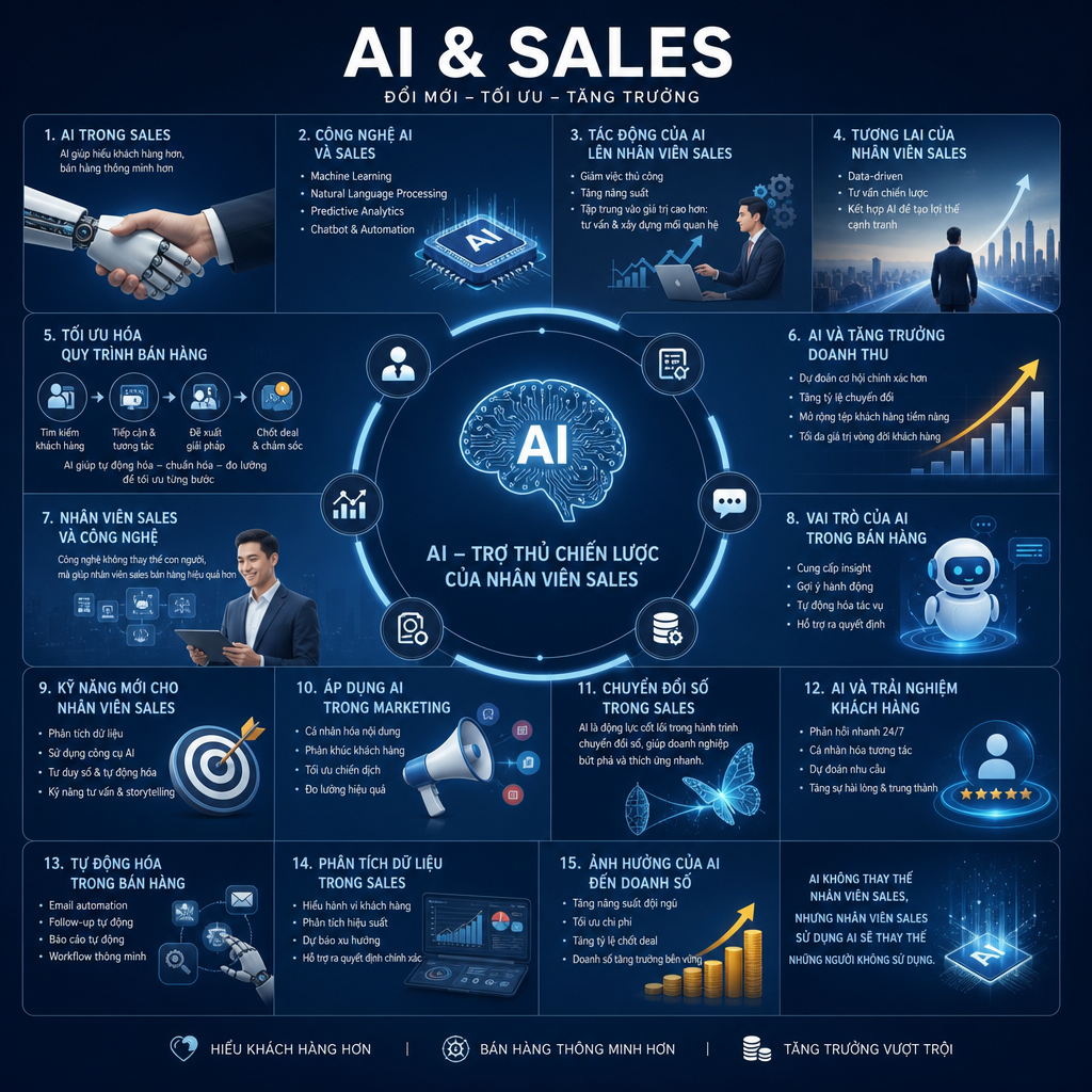 AI trong sales, công nghệ AI và sales, tác động của AI lên nhân viên sales, tương lai của nhân viên sales, tối ưu hóa quy trình bán hàng, AI và tăng trưởng doanh thu, nhân viên sales và công nghệ, vai trò của AI trong bán hàng, kỹ năng mới cho nhân viên sales, áp dụng AI trong marketing, chuyển đổi số trong sales, AI và trải nghiệm khách hàng, tự động hóa trong bán hàng, phân tích dữ liệu trong sales, ảnh hưởng của AI đến doanh số.
