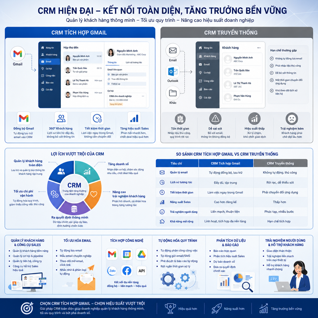 CRM tích hợp Gmail, CRM truyền thống, lợi ích CRM, so sánh CRM, quản lý khách hàng, công cụ sales, tối ưu hóa email, tích hợp công nghệ, nâng cao hiệu suất, phần mềm CRM, giải pháp kinh doanh, hỗ trợ khách hàng, tự động hóa quy trình, phân tích dữ liệu, trải nghiệm người dùng.