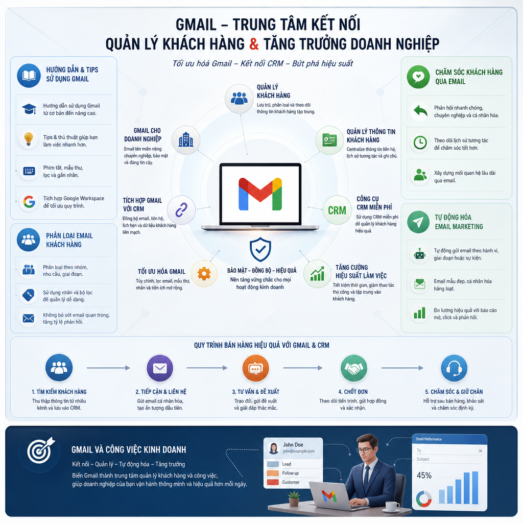 quản lý khách hàng, sử dụng Gmail hiệu quả, Gmail cho doanh nghiệp, quản lý thông tin khách hàng, công cụ CRM miễn phí, tích hợp Gmail với CRM, tối ưu hóa Gmail, quy trình bán hàng, chăm sóc khách hàng qua email, tự động hóa email marketing, hướng dẫn sử dụng Gmail, tips sử dụng Gmail, phân loại email khách hàng, tăng cường hiệu suất làm việc, Gmail và công việc kinh doanh.