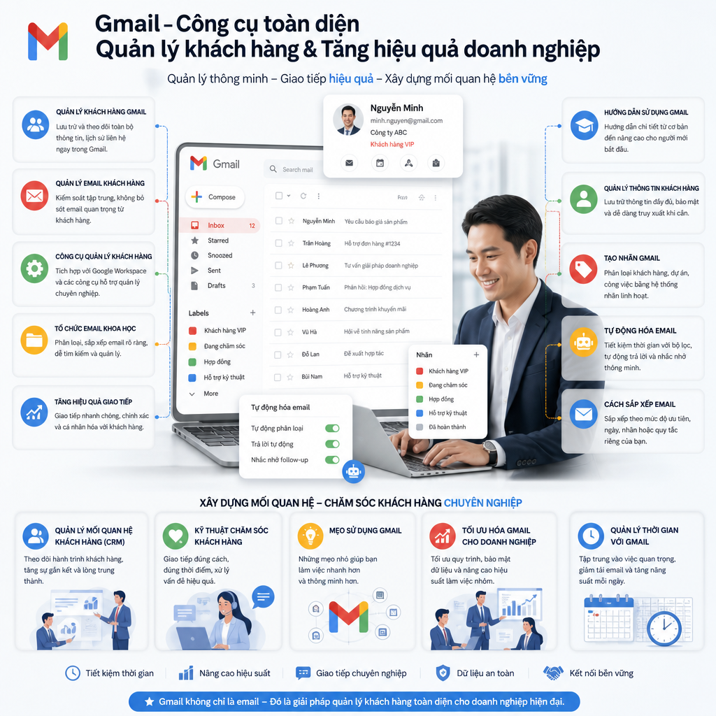 quản lý khách hàng Gmail, quản lý email khách hàng, công cụ quản lý khách hàng, tổ chức email, tăng hiệu quả giao tiếp, kỹ thuật chăm sóc khách hàng, hướng dẫn sử dụng Gmail, quản lý thông tin khách hàng, tạo nhãn Gmail, tự động hóa email, cách sắp xếp email, quản lý mối quan hệ khách hàng, mẹo sử dụng Gmail, tối ưu hóa Gmail cho doanh nghiệp, quản lý thời gian với Gmail.